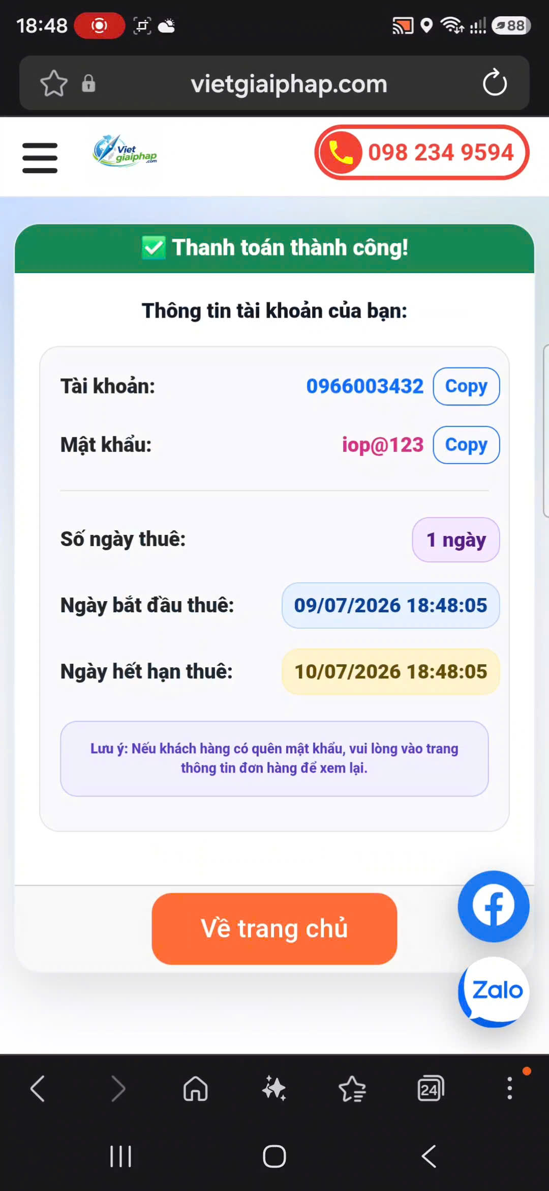 Trang nhận tài khoản và mật khẩu VietMap Live sau khi thanh toán thành công