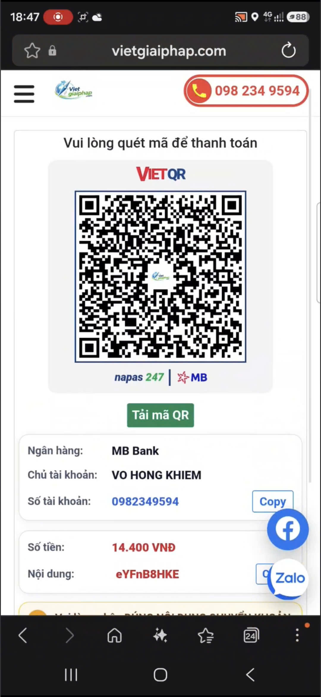Trang thanh toán QR khi thuê tài khoản VietMap Live tại Vietgiaiphap.com