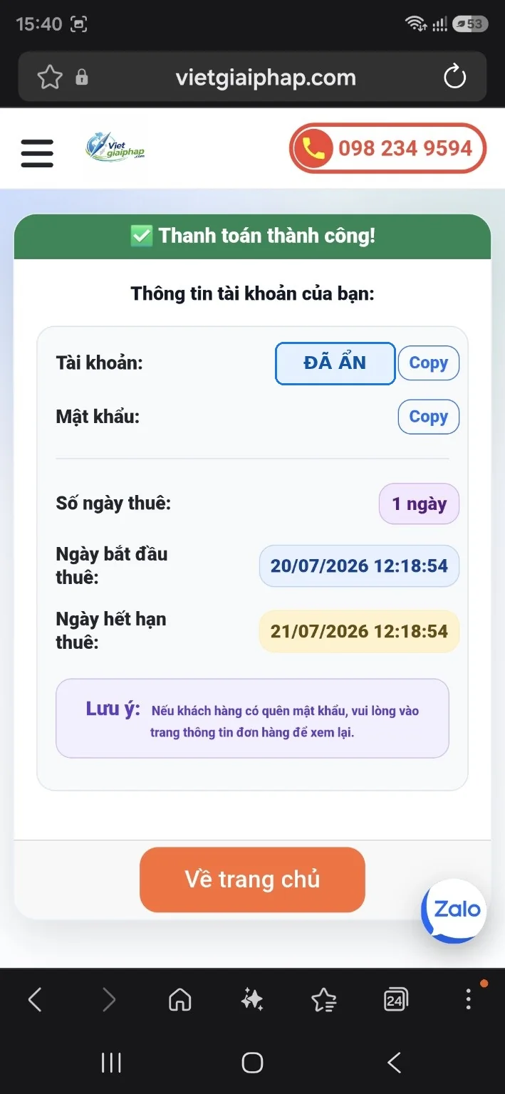 Trang nhận tài khoản VIETMAP LIVE sau khi thanh toán thành công