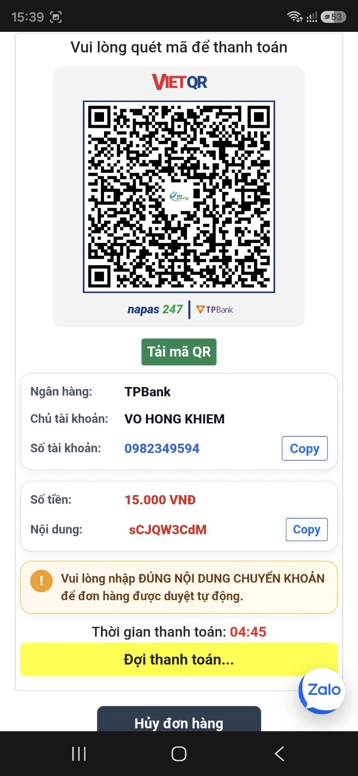 Trang thanh toán QR khi thuê VIETMAP LIVE