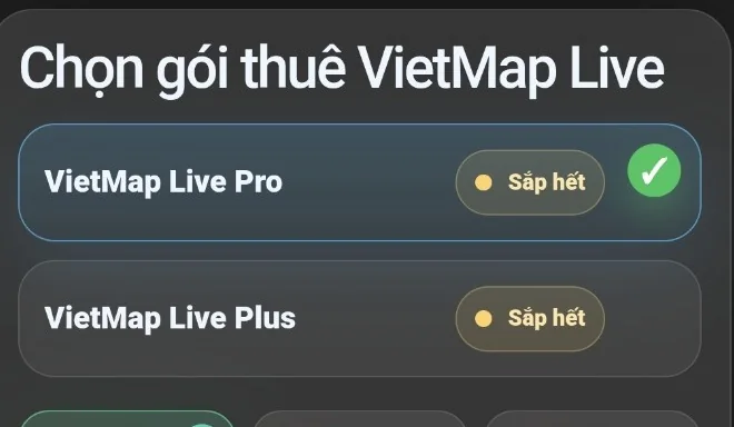 Giao diện chọn VIETMAP LIVE Pro hoặc Plus theo thiết bị